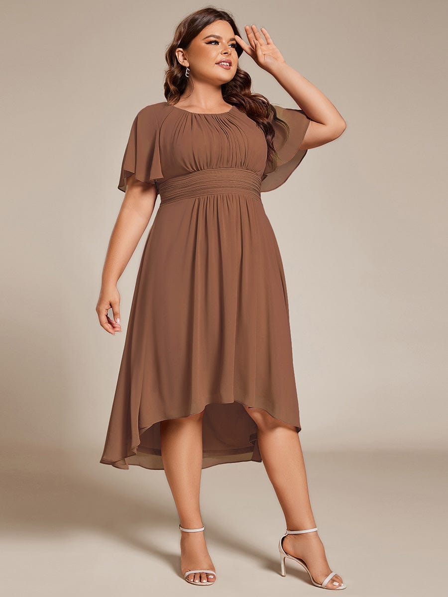 Flowy Chiffon Round Neckline A-Line Knee Length Wedding Guest Dress #Couleur_Brown