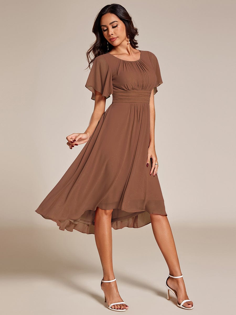 Flowy Chiffon Round Neckline A-Line Knee Length Wedding Guest Dress #Couleur_Brown