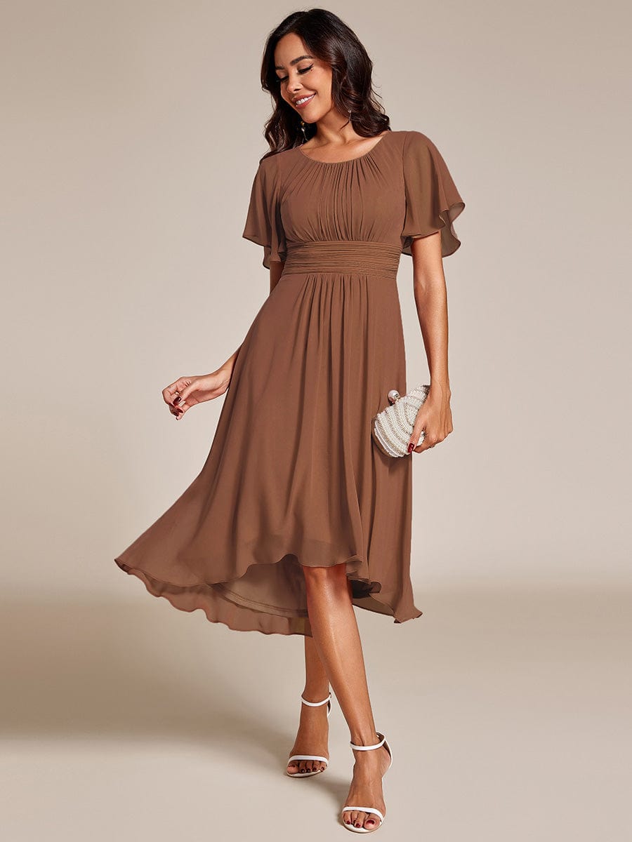 Flowy Chiffon Round Neckline A-Line Knee Length Wedding Guest Dress #Couleur_Brown