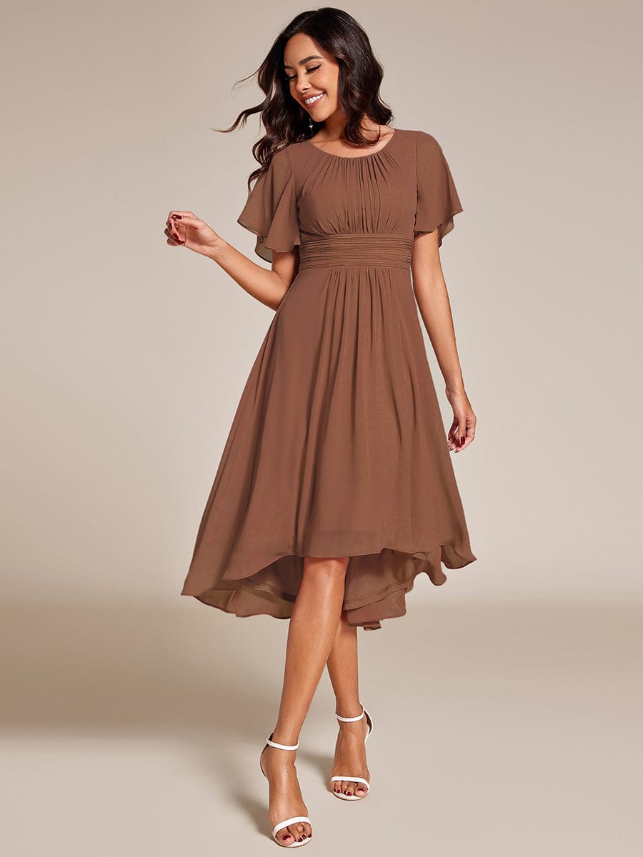 Flowy Chiffon Round Neckline A-Line Knee Length Wedding Guest Dress #Couleur_Brown
