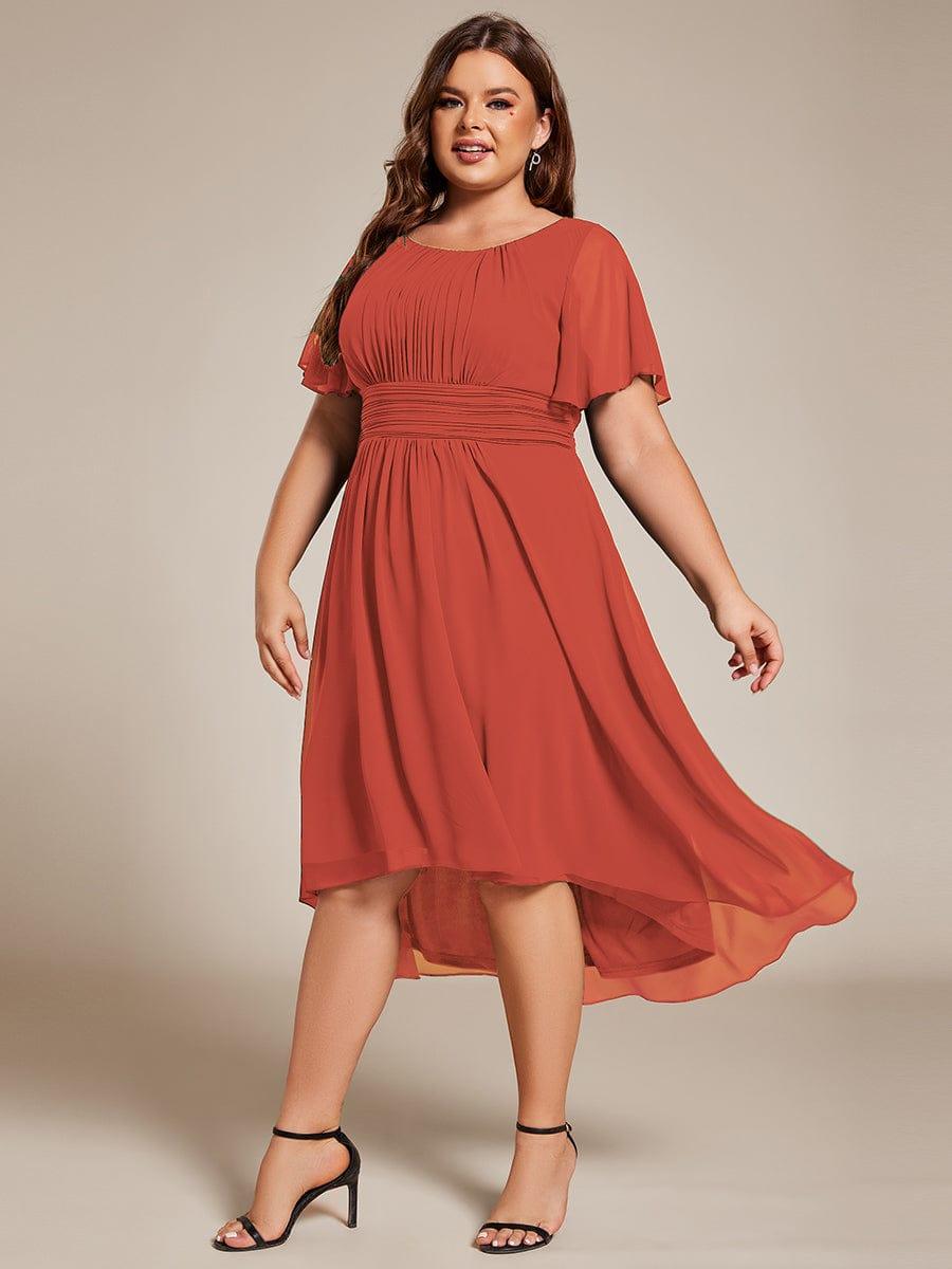 Flowy Chiffon Round Neckline A-Line Knee Length Wedding Guest Dress #color_Burnt Orange