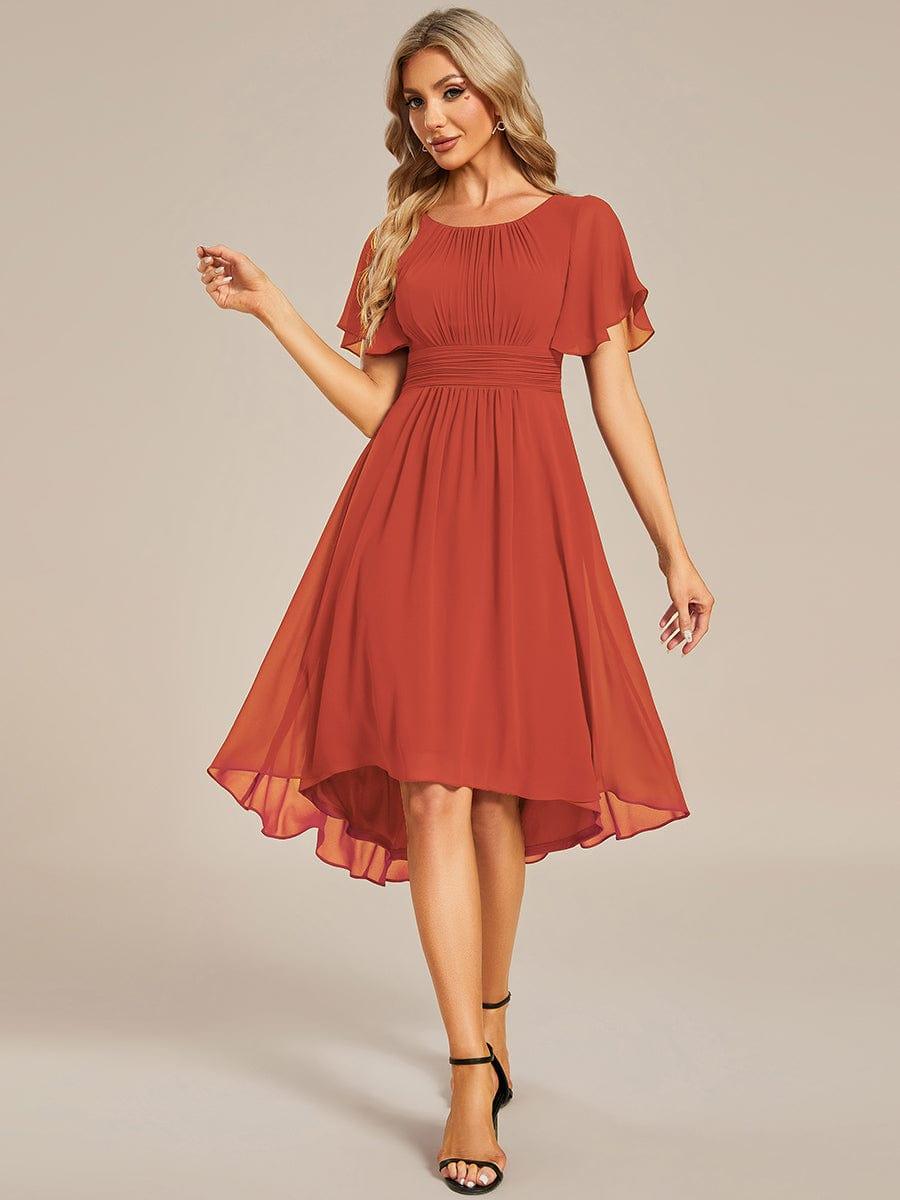 Flowy Chiffon Round Neckline A-Line Knee Length Wedding Guest Dress #color_Burnt Orange