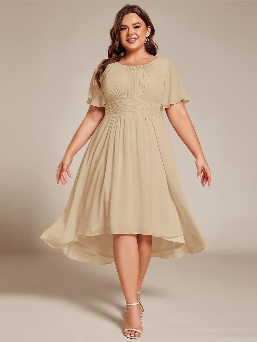 Flowy Chiffon Round Neckline A-Line Knee Length Wedding Guest Dress #color_Champagne