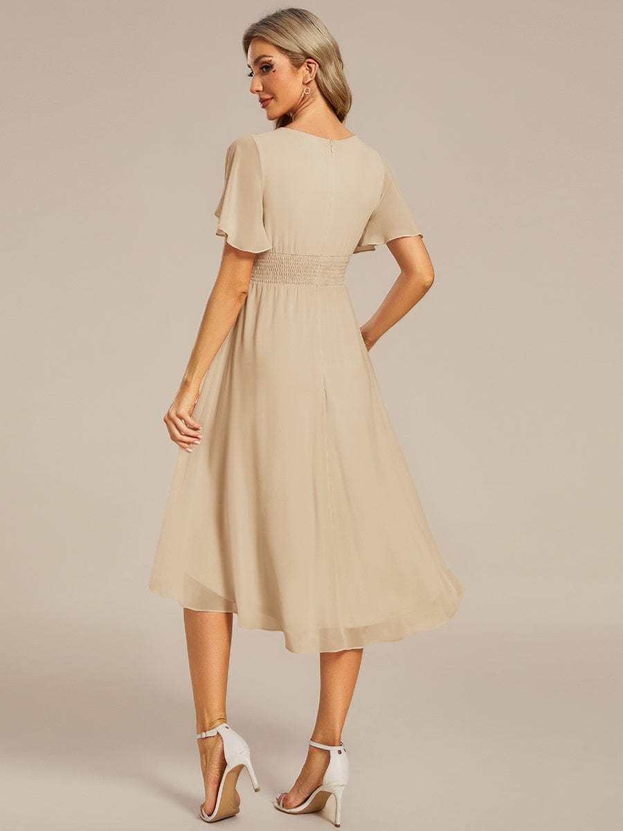 Flowy Chiffon Round Neckline A-Line Knee Length Wedding Guest Dress #color_Champagne