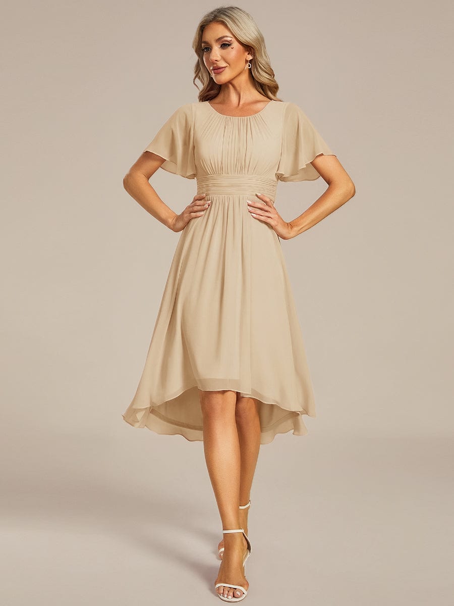 Flowy Chiffon Round Neckline A-Line Knee Length Wedding Guest Dress #color_Champagne