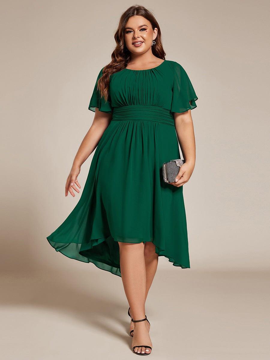 Flowy Chiffon Round Neckline A-Line Knee Length Wedding Guest Dress #color_Dark Green