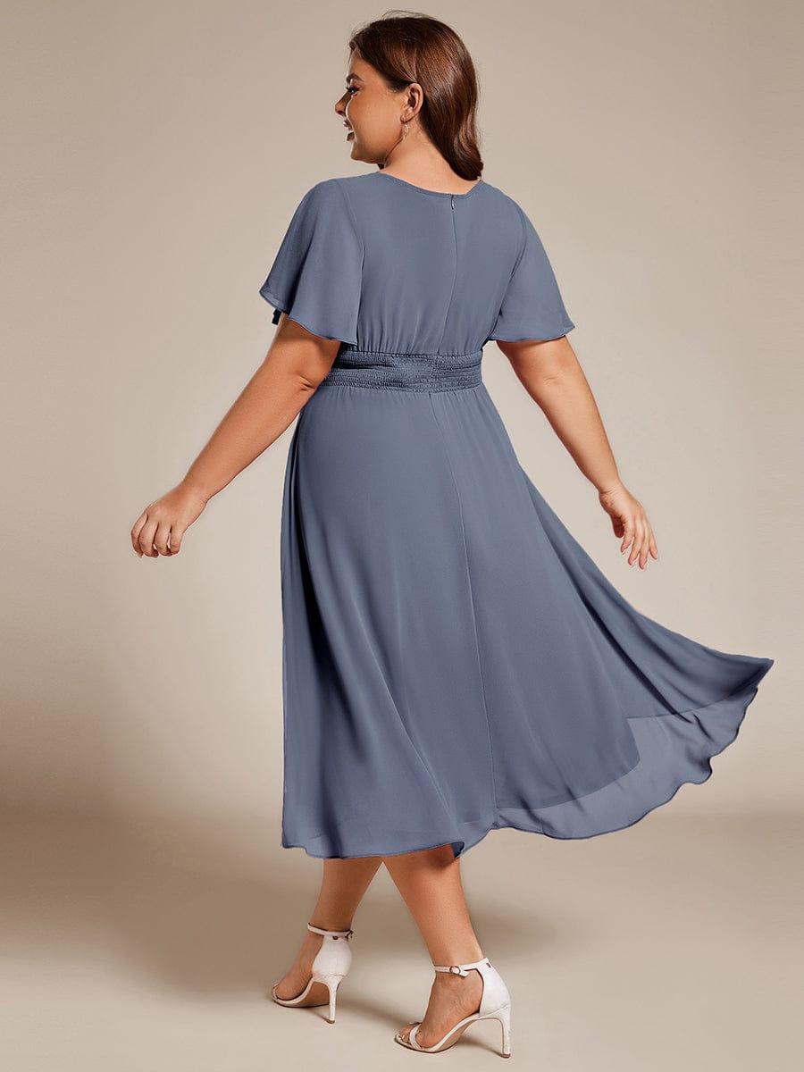 Flowy Chiffon Round Neckline A-Line Knee Length Wedding Guest Dress #color_Dusty Blue