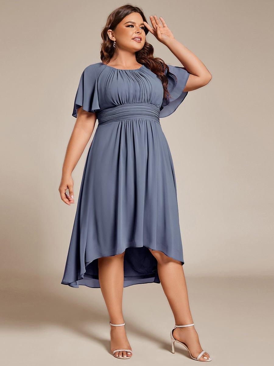 Flowy Chiffon Round Neckline A-Line Knee Length Wedding Guest Dress #color_Dusty Blue