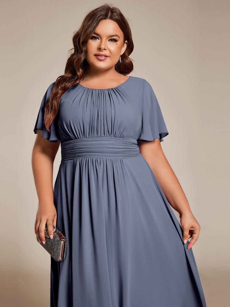 Flowy Chiffon Round Neckline A-Line Knee Length Wedding Guest Dress #color_Dusty Blue