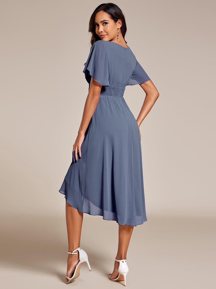 Flowy Chiffon Round Neckline A-Line Knee Length Wedding Guest Dress #color_Dusty Blue