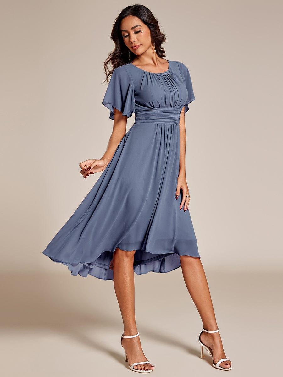 Flowy Chiffon Round Neckline A-Line Knee Length Wedding Guest Dress #color_Dusty Blue
