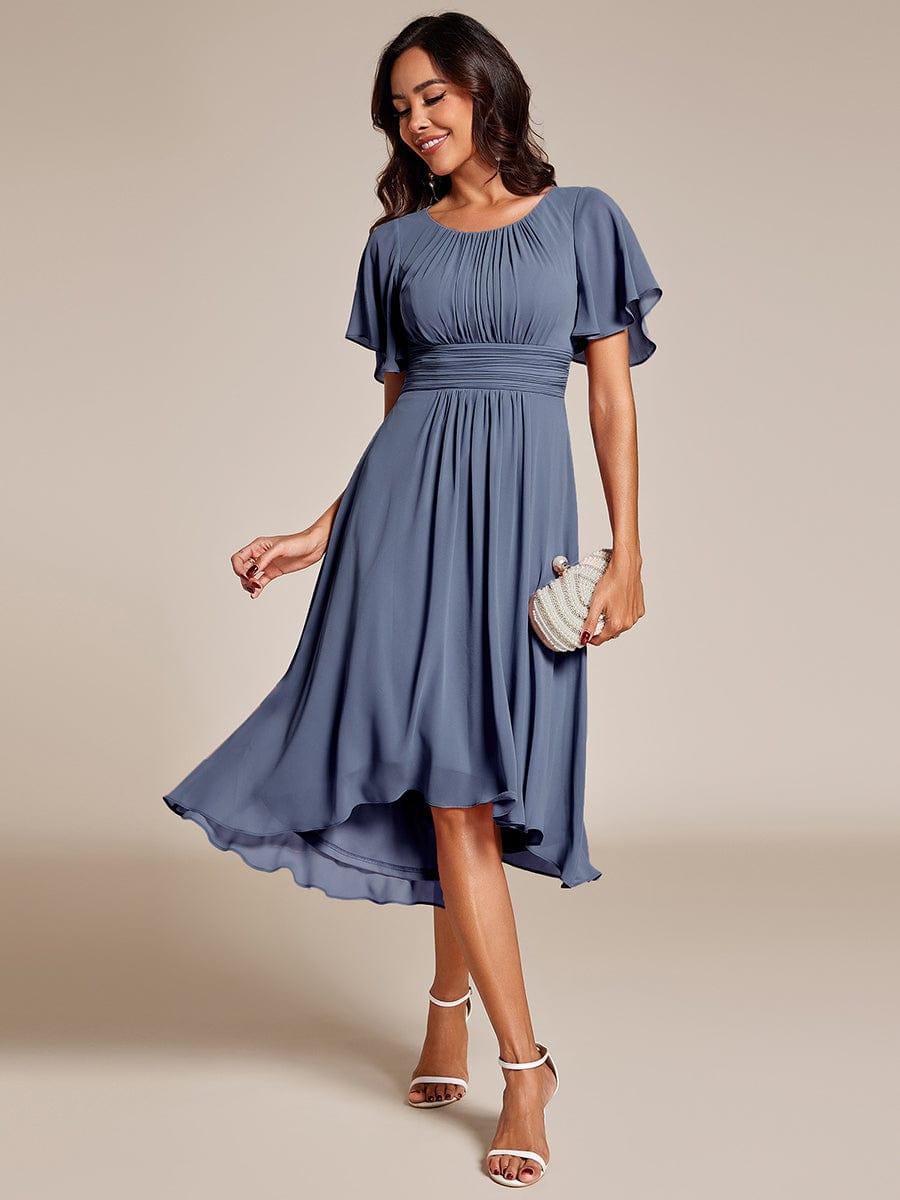 Flowy Chiffon Round Neckline A-Line Knee Length Wedding Guest Dress #color_Dusty Blue