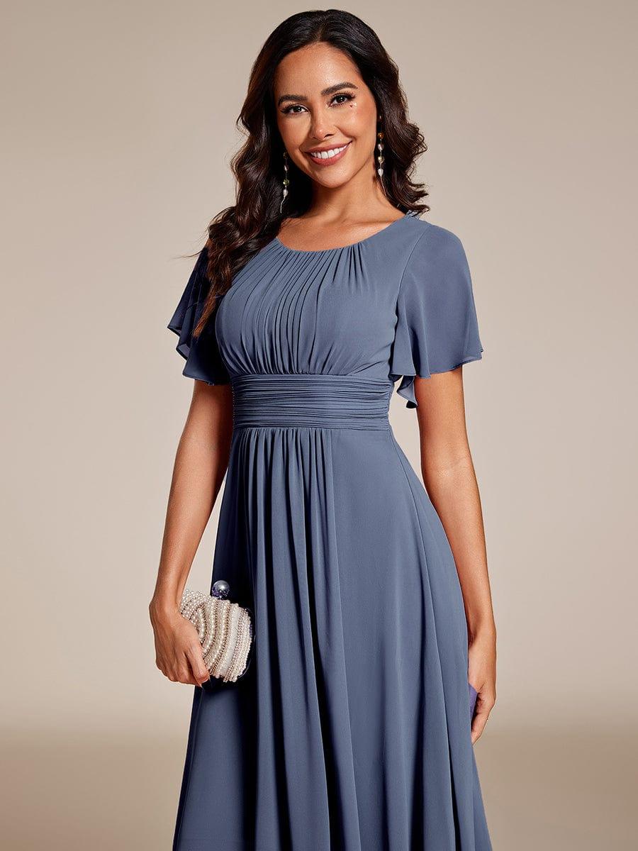 Flowy Chiffon Round Neckline A-Line Knee Length Wedding Guest Dress #color_Dusty Blue