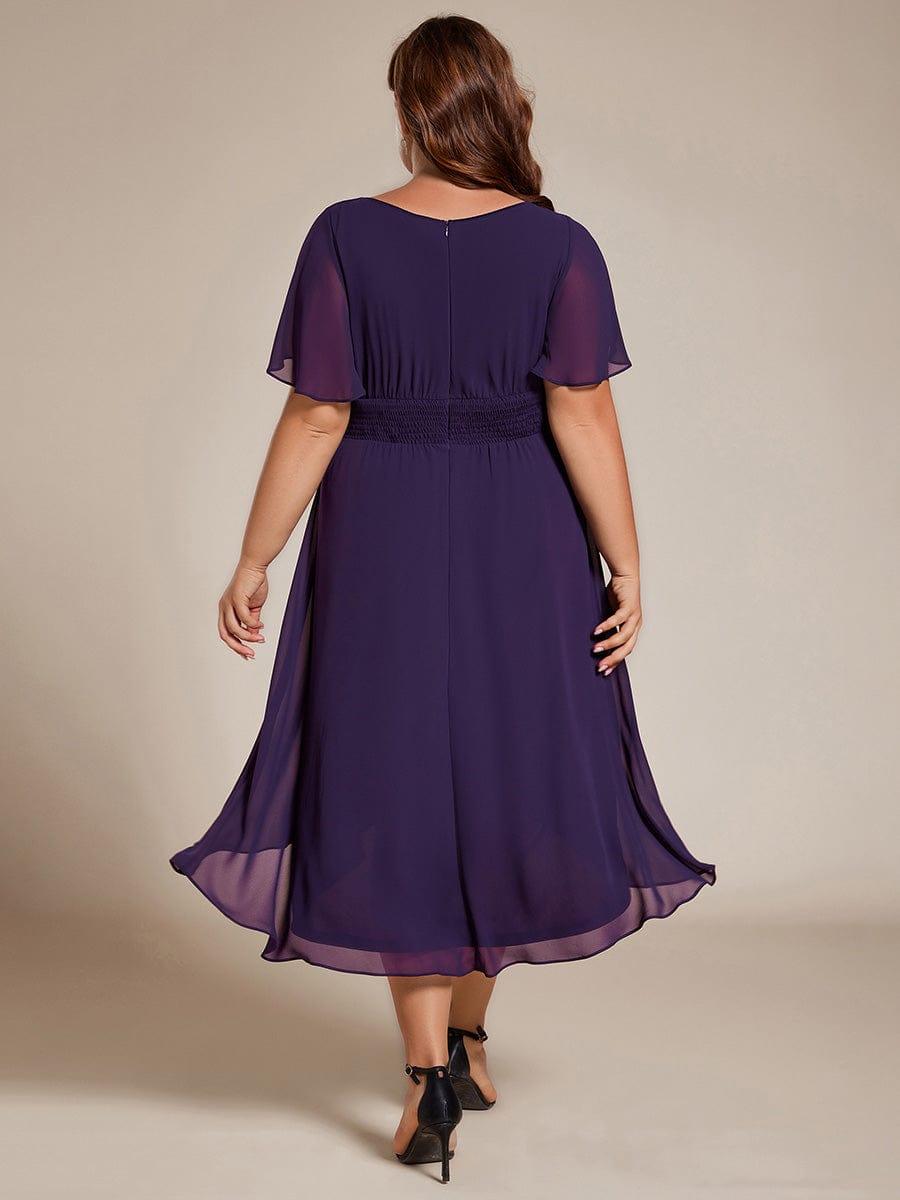 Flowy Chiffon Round Neckline A-Line Knee Length Wedding Guest Dress #color_Dark Purple
