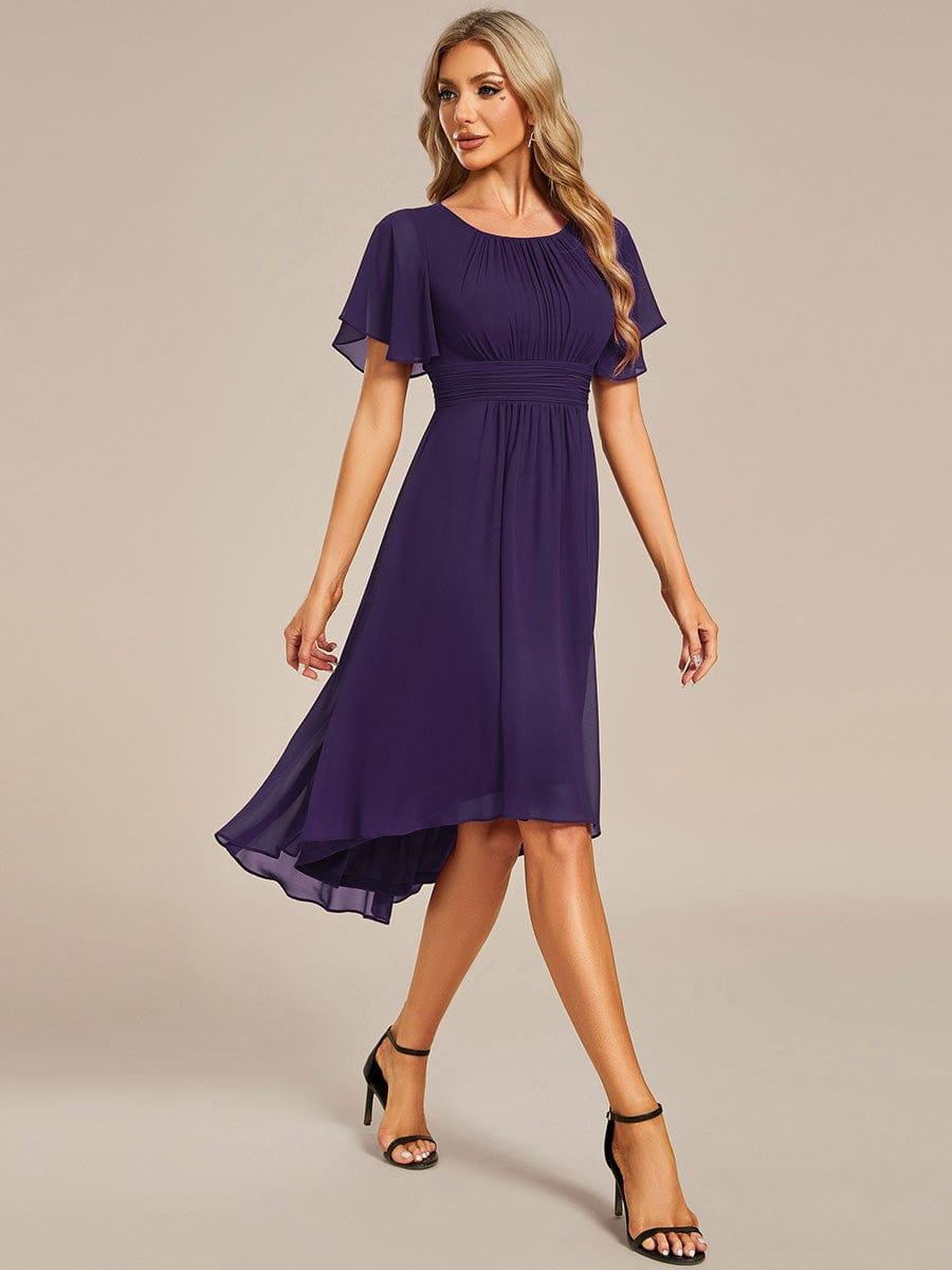 Flowy Chiffon Round Neckline A-Line Knee Length Wedding Guest Dress #color_Dark Purple