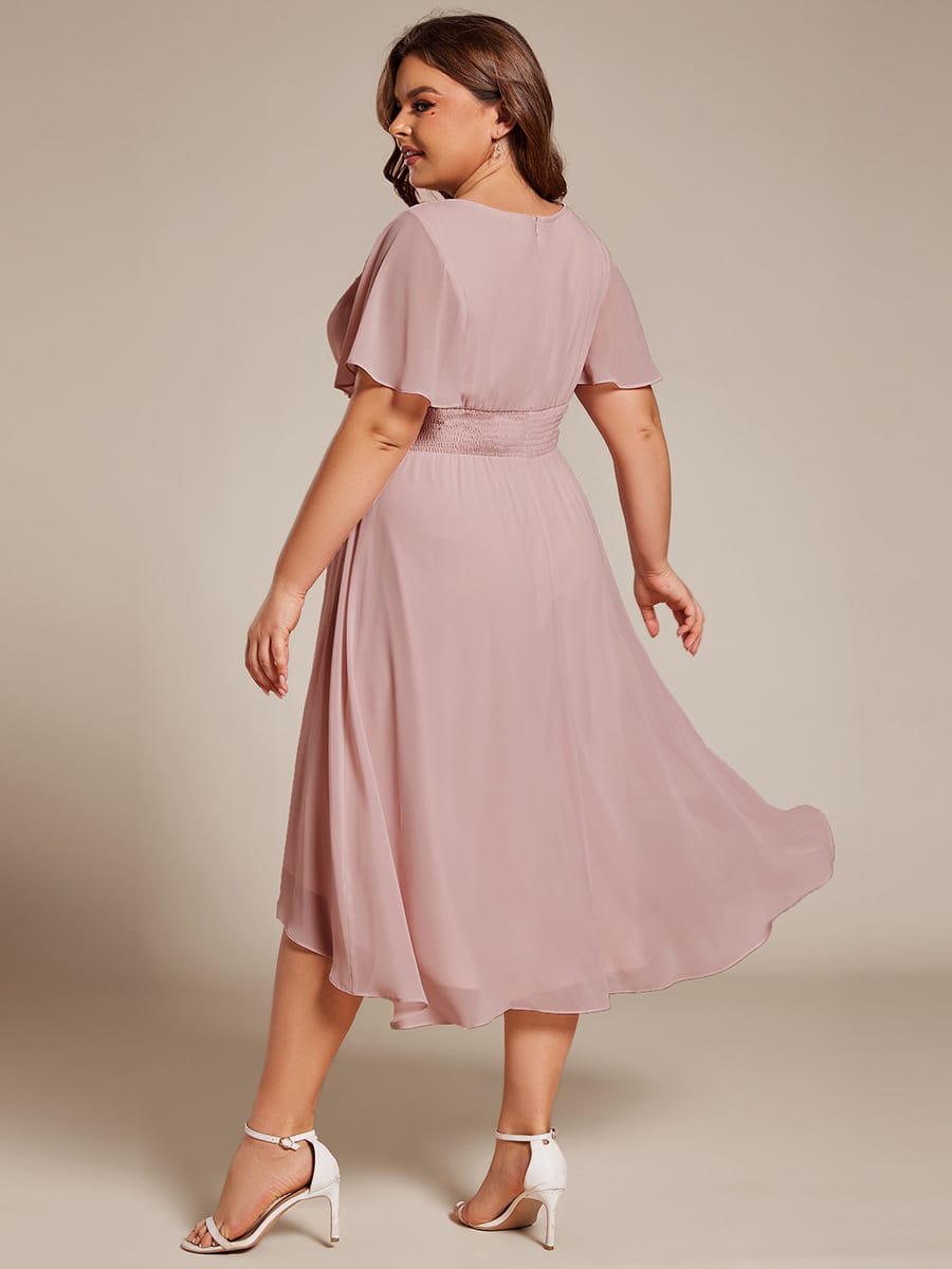 Flowy Chiffon Round Neckline A-Line Knee Length Wedding Guest Dress #color_Dusty Rose