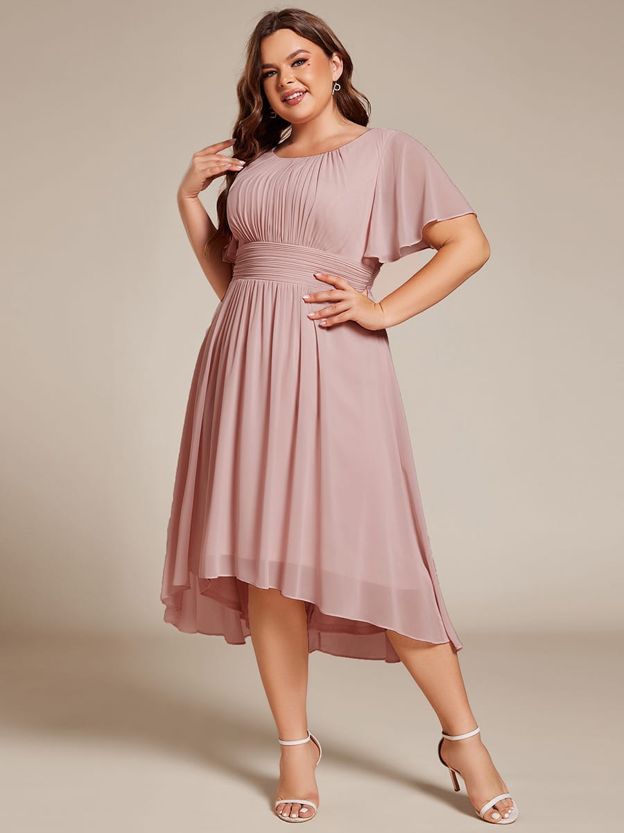 Flowy Chiffon Round Neckline A-Line Knee Length Wedding Guest Dress #color_Dusty Rose