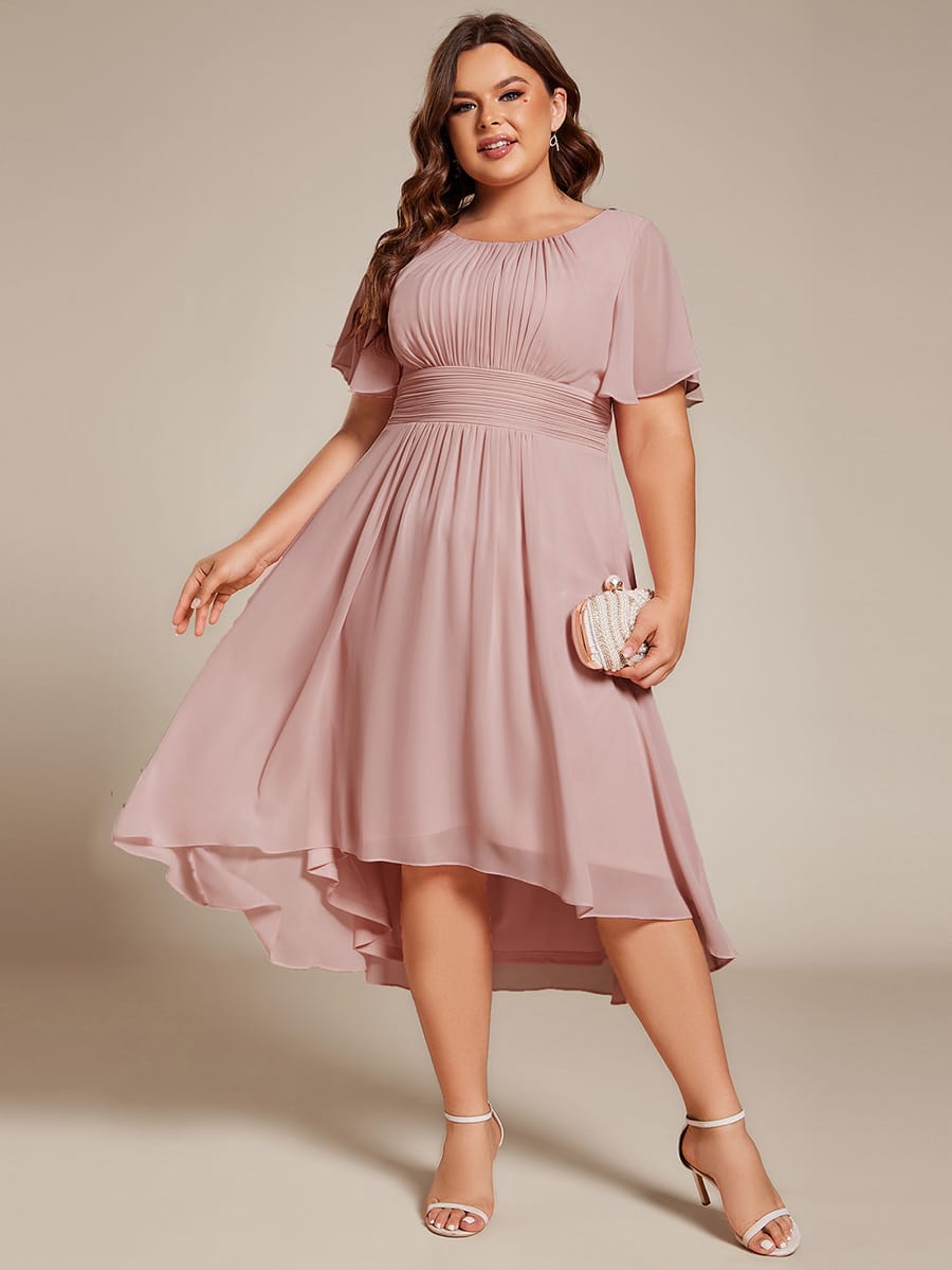Flowy Chiffon Round Neckline A-Line Knee Length Wedding Guest Dress #color_Dusty Rose