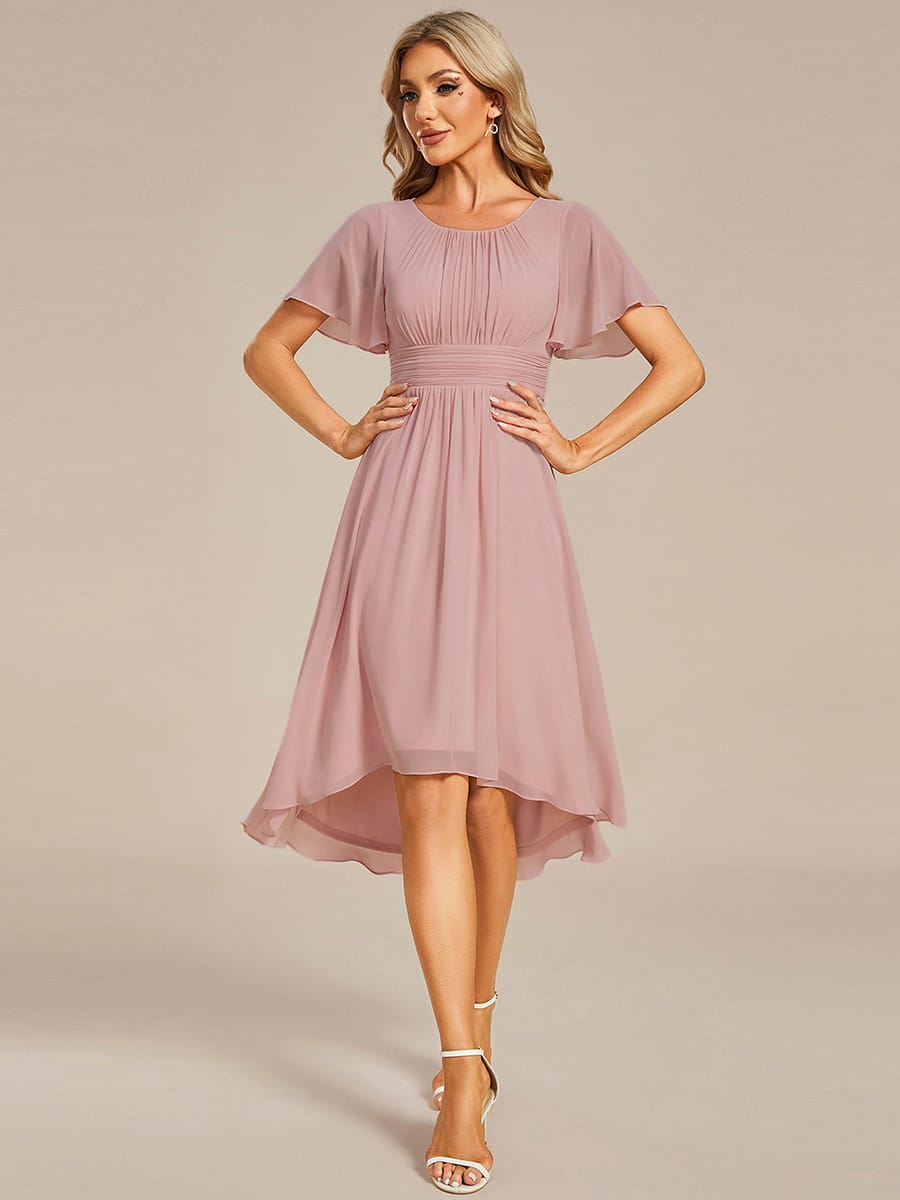 Flowy Chiffon Round Neckline A-Line Knee Length Wedding Guest Dress #color_Dusty Rose