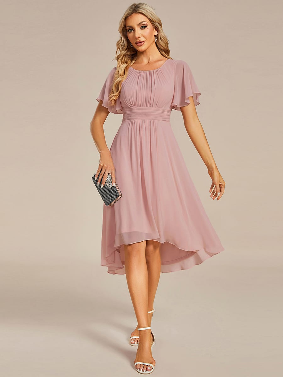 Flowy Chiffon Round Neckline A-Line Knee Length Wedding Guest Dress #color_Dusty Rose