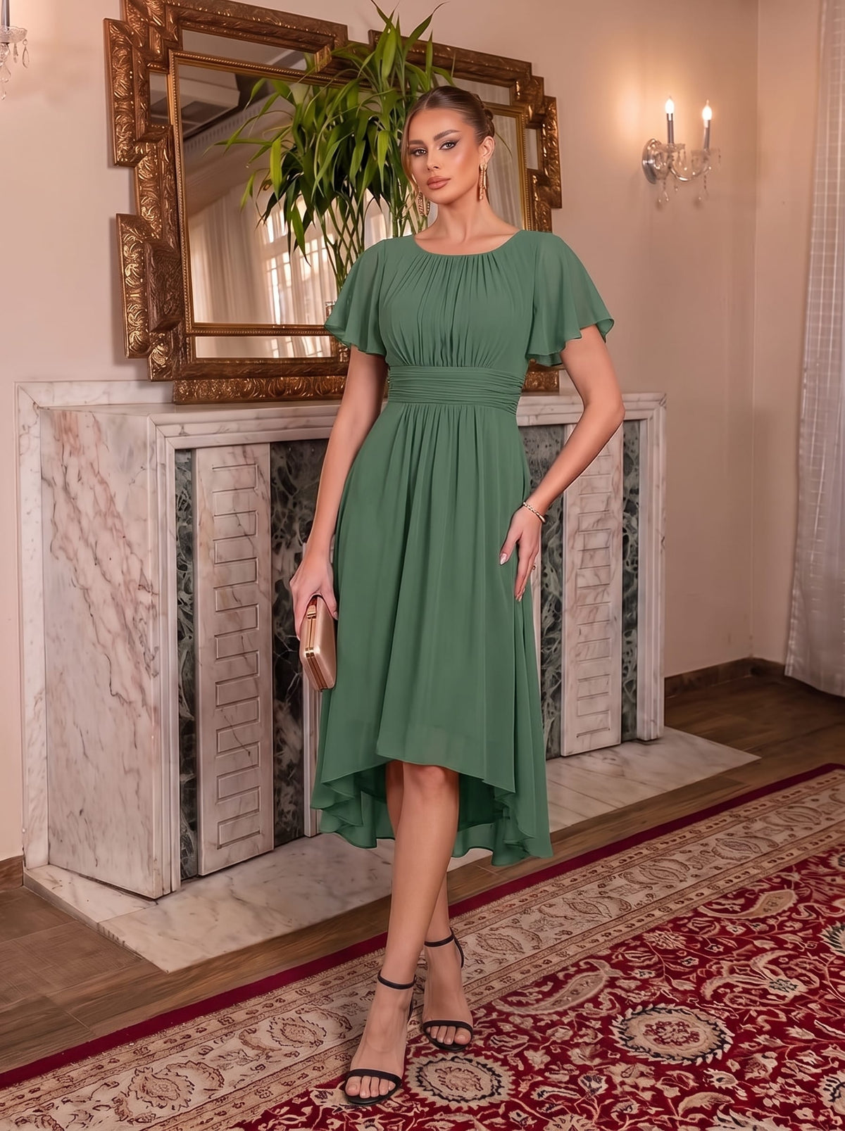 Flowy Chiffon Round Neckline A-Line Knee Length Wedding Guest Dress #color_Eucalyptus Green