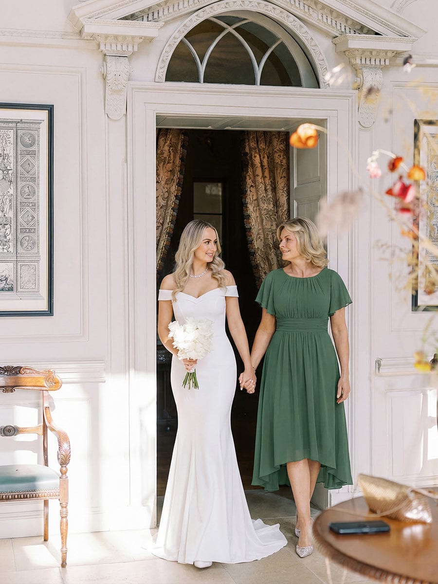 Flowy Chiffon Round Neckline A-Line Knee Length Wedding Guest Dress #color_Eucalyptus Green