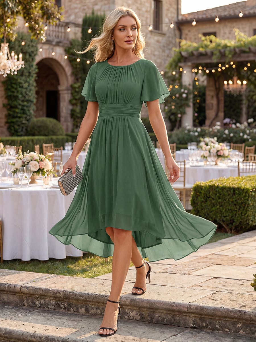 Flowy Chiffon Round Neckline A-Line Knee Length Wedding Guest Dress #color_Eucalyptus Green