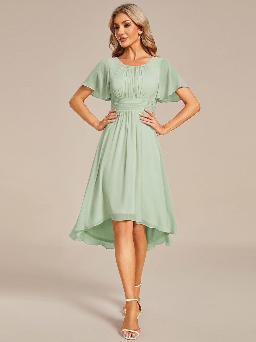 Flowy Chiffon Round Neckline A-Line Knee Length Wedding Guest Dress #color_Mint Green