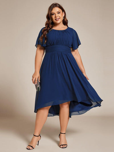 Flowy Chiffon Round Neckline A-Line Knee Length Wedding Guest Dress #color_Navy Blue