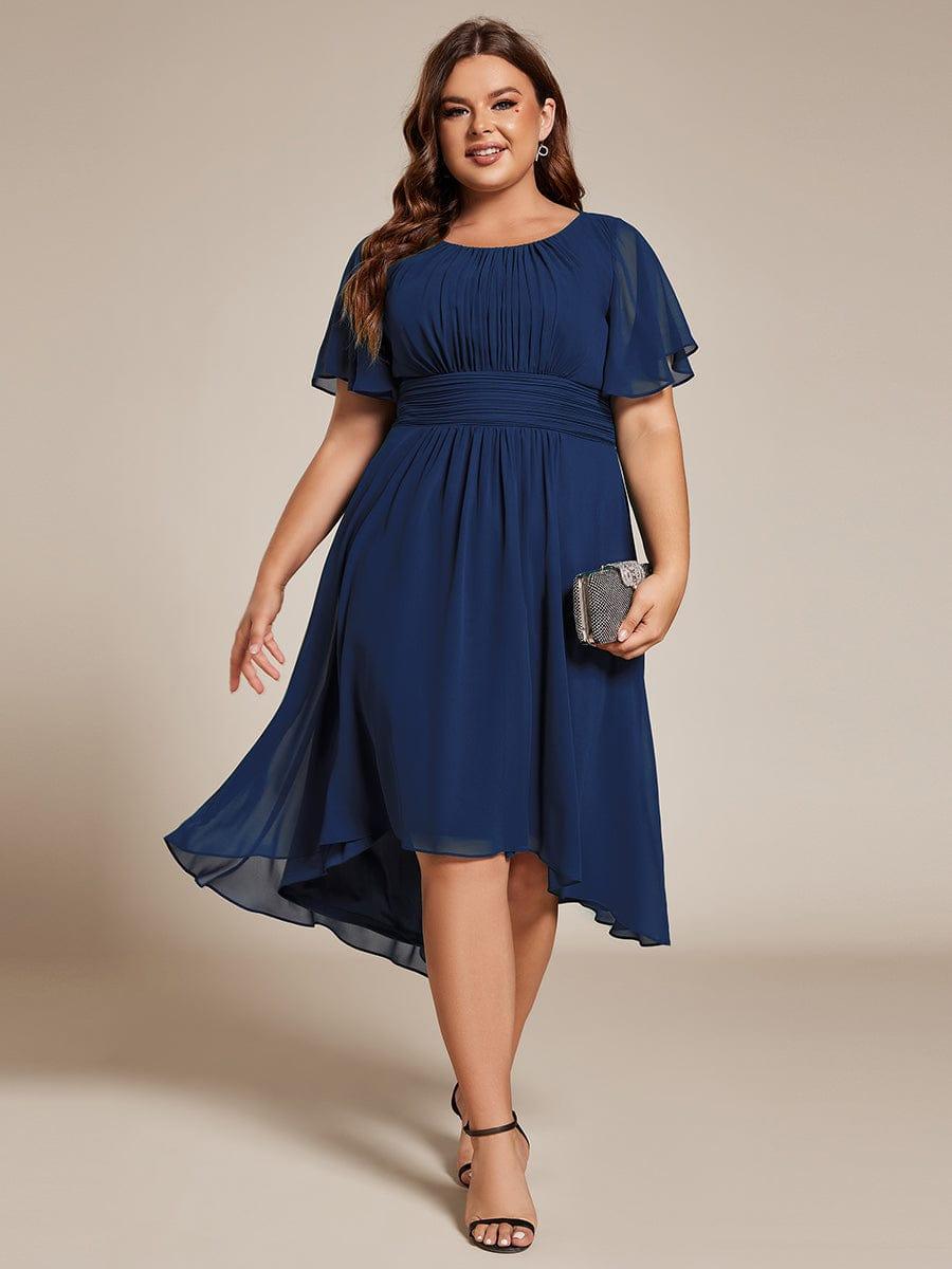 Flowy Chiffon Round Neckline A-Line Knee Length Wedding Guest Dress #color_Navy Blue