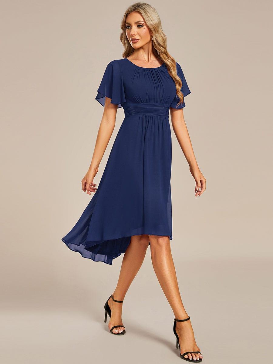 Flowy Chiffon Round Neckline A-Line Knee Length Wedding Guest Dress #color_Navy Blue