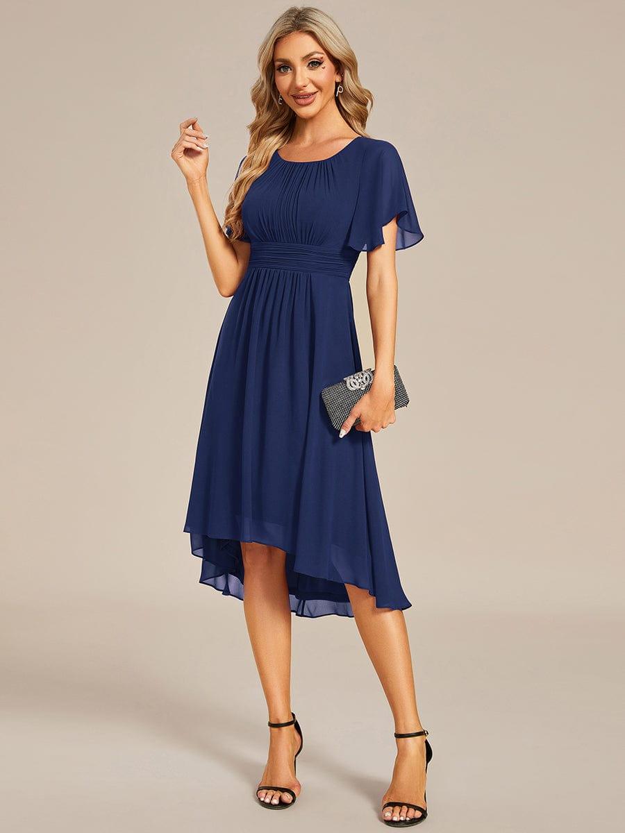 Flowy Chiffon Round Neckline A-Line Knee Length Wedding Guest Dress #color_Navy Blue