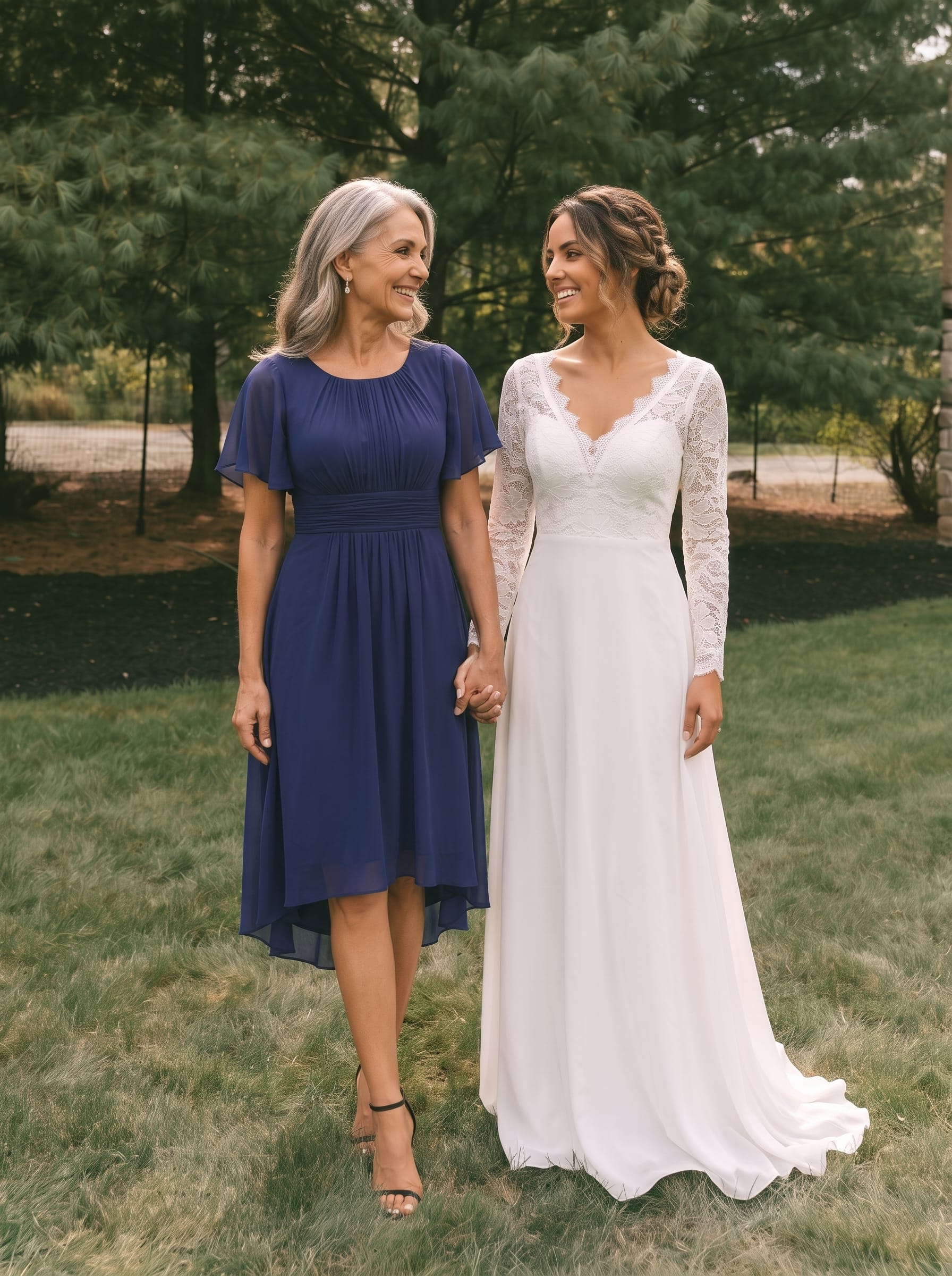 Flowy Chiffon Round Neckline A-Line Knee Length Wedding Guest Dress #color_Navy Blue