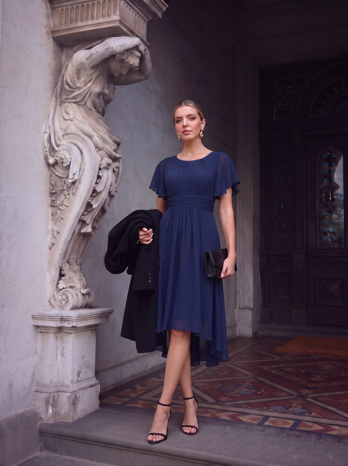 Flowy Chiffon Round Neckline A-Line Knee Length Wedding Guest Dress #color_Navy Blue