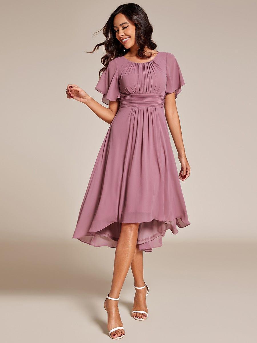 Flowy Chiffon Round Neckline A-Line Knee Length Wedding Guest Dress #color_Purple Orchid