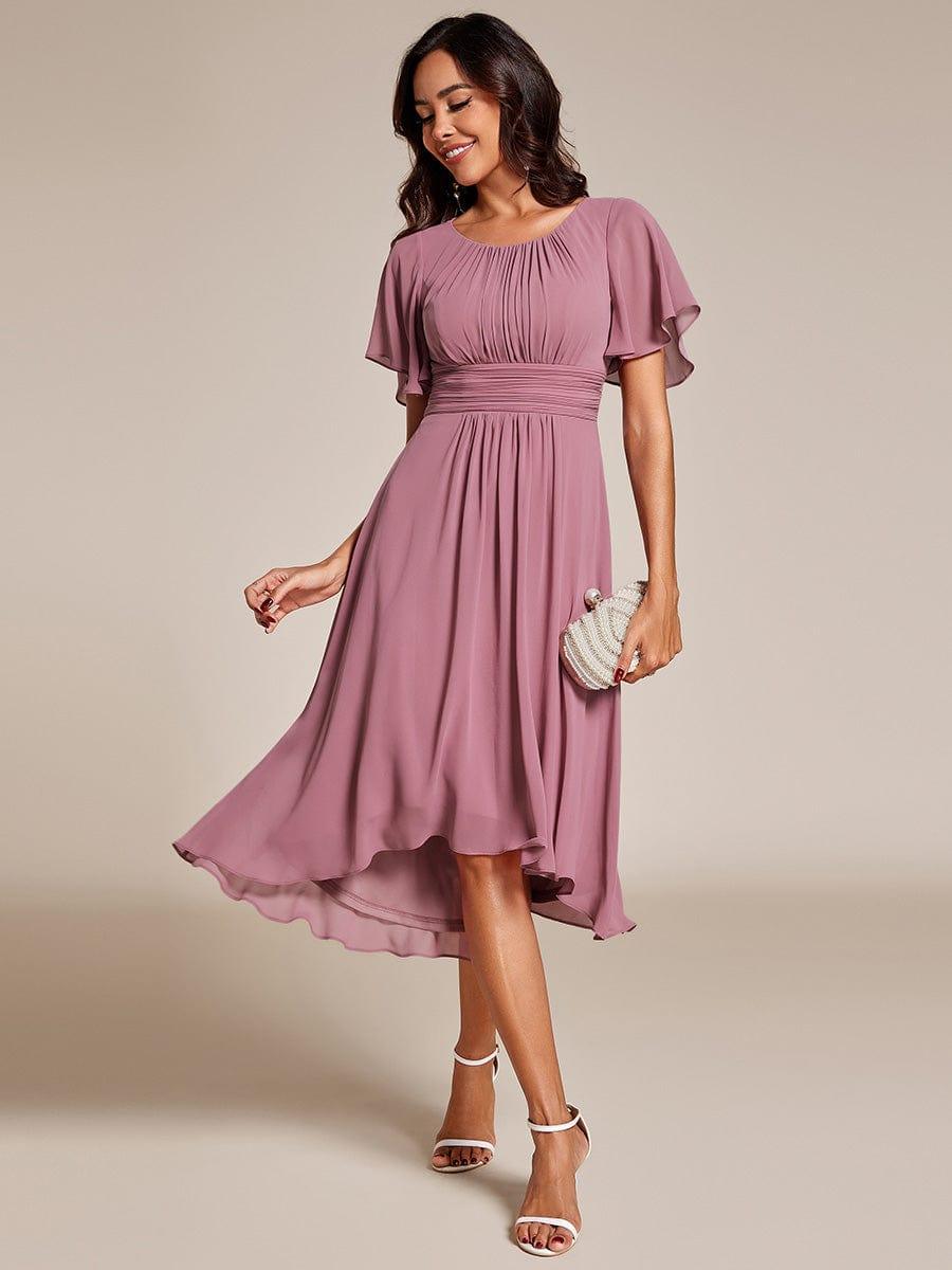 Flowy Chiffon Round Neckline A-Line Knee Length Wedding Guest Dress #color_Purple Orchid