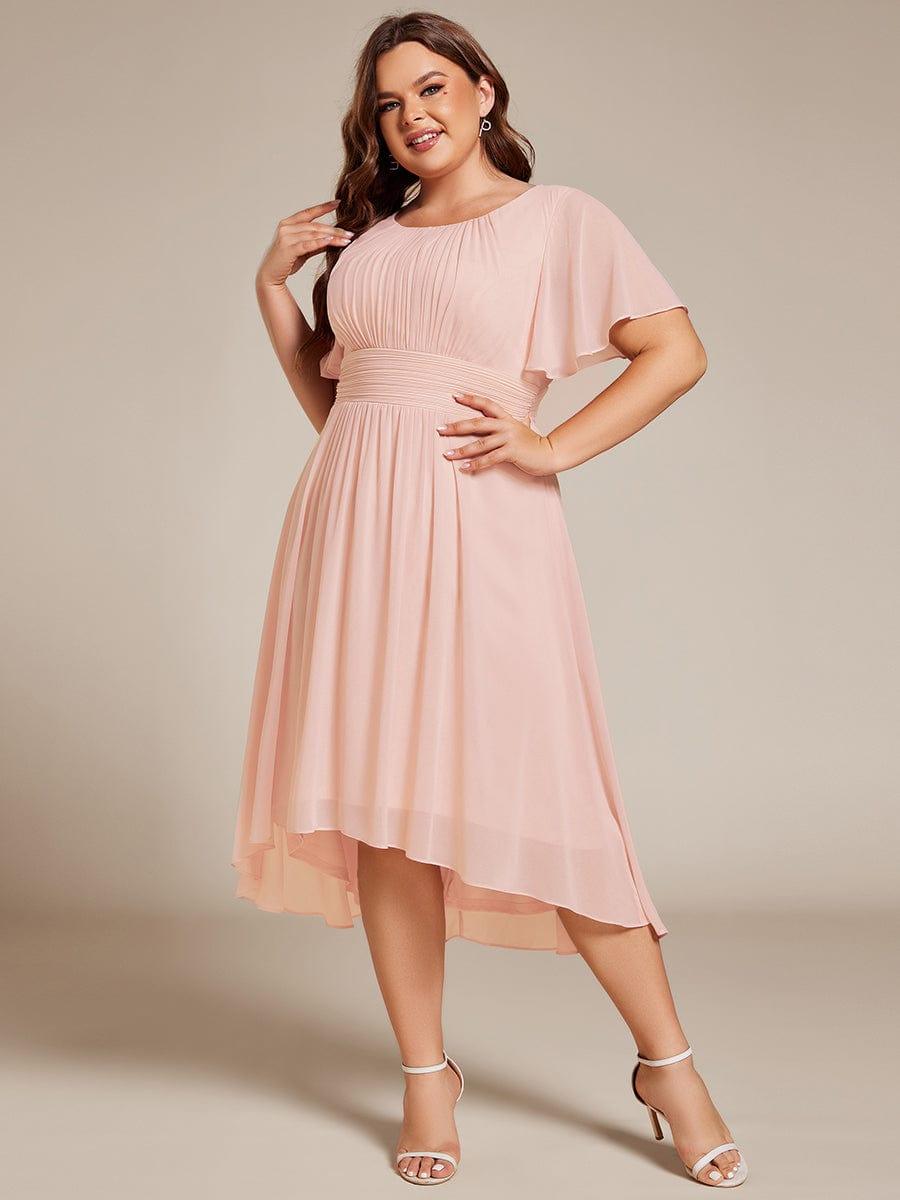 Flowy Chiffon Round Neckline A-Line Knee Length Wedding Guest Dress #color_Pink