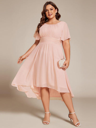 Flowy Chiffon Round Neckline A-Line Knee Length Wedding Guest Dress #color_Pink