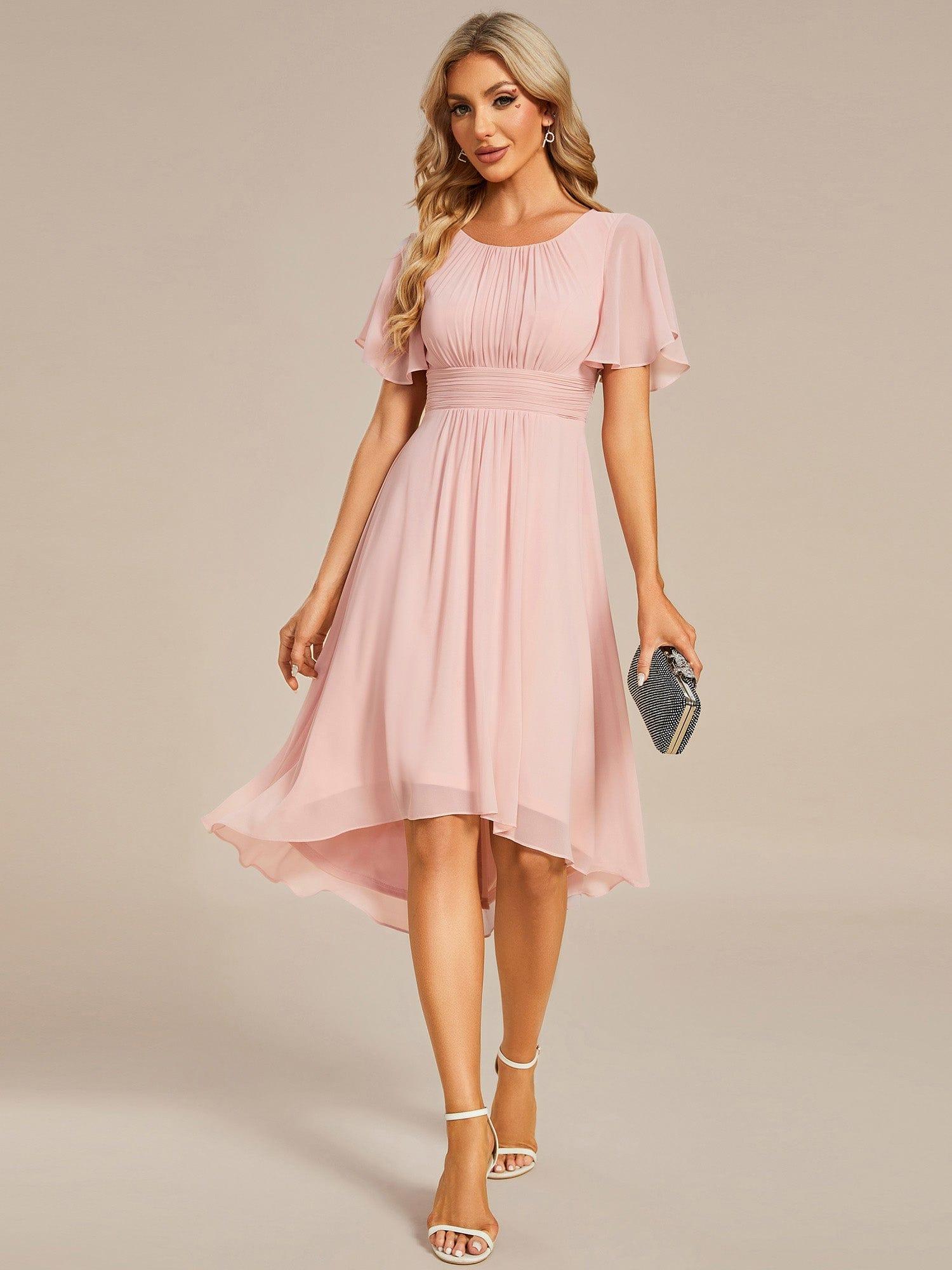 Flowy Chiffon Round Neckline A-Line Knee Length Wedding Guest Dress #color_Pink
