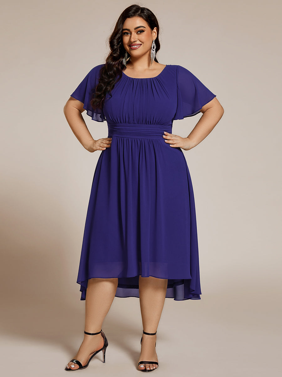 Flowy Chiffon Round Neckline A-Line Knee Length Wedding Guest Dress #color_Dusty Blue