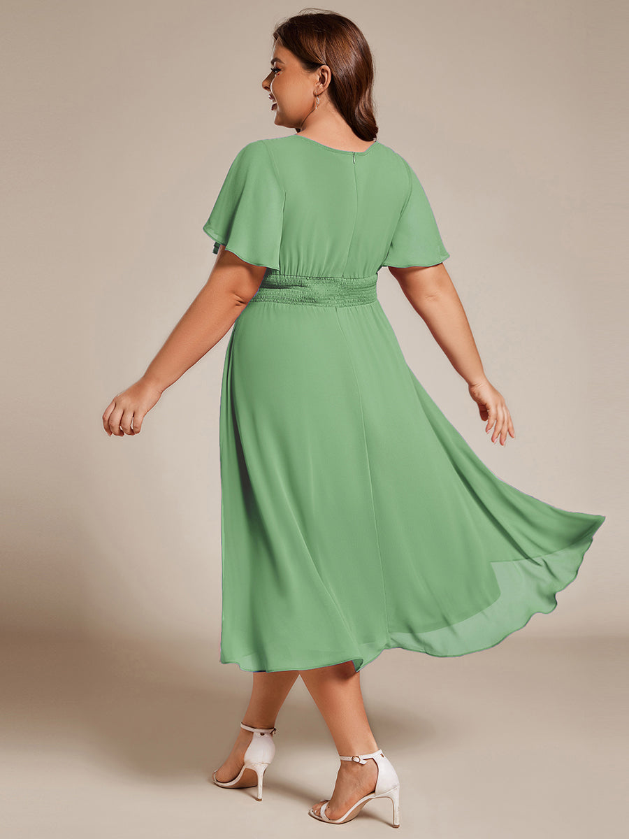 Flowy Chiffon Round Neckline A-Line Knee Length Wedding Guest Dress #color_Dusty Blue