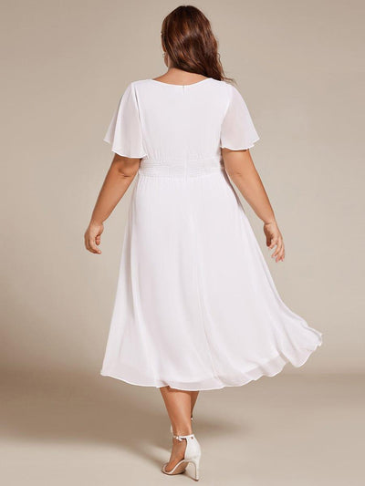 Flowy Chiffon Round Neckline A-Line Knee Length Wedding Guest Dress #color_White