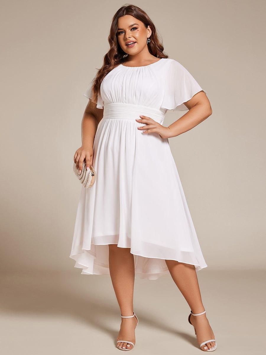 Flowy Chiffon Round Neckline A-Line Knee Length Wedding Guest Dress #color_White