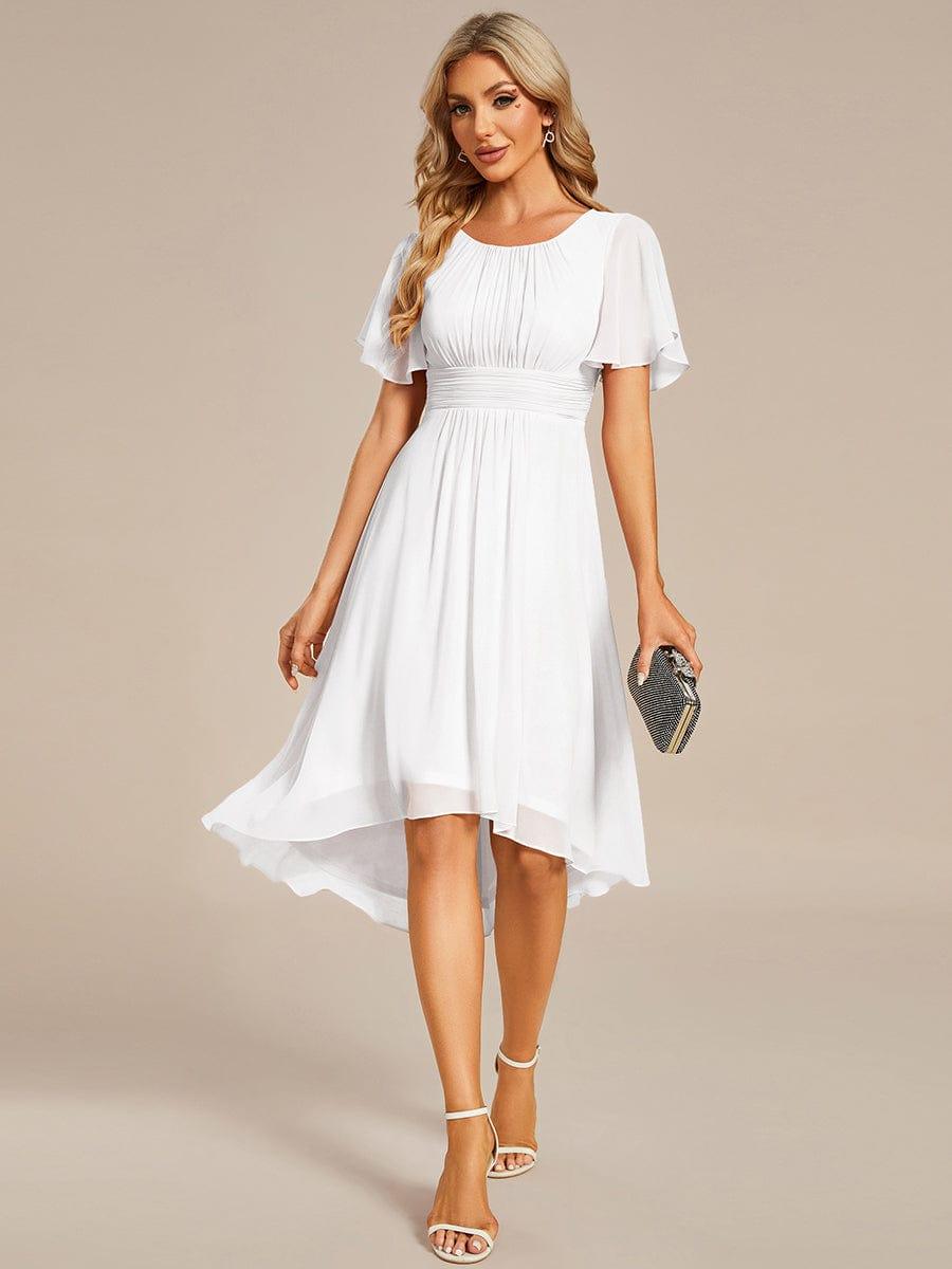 Flowy Chiffon Round Neckline A-Line Knee Length Wedding Guest Dress #color_White
