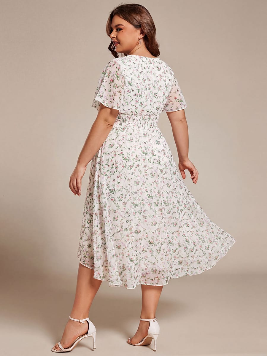 Flowy Chiffon Round Neckline A-Line Knee Length Wedding Guest Dress #color_White Floral