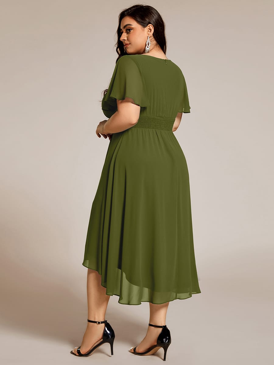 Flowy Chiffon Round Neckline A-Line Knee Length Wedding Guest Dress #color_Olive Green