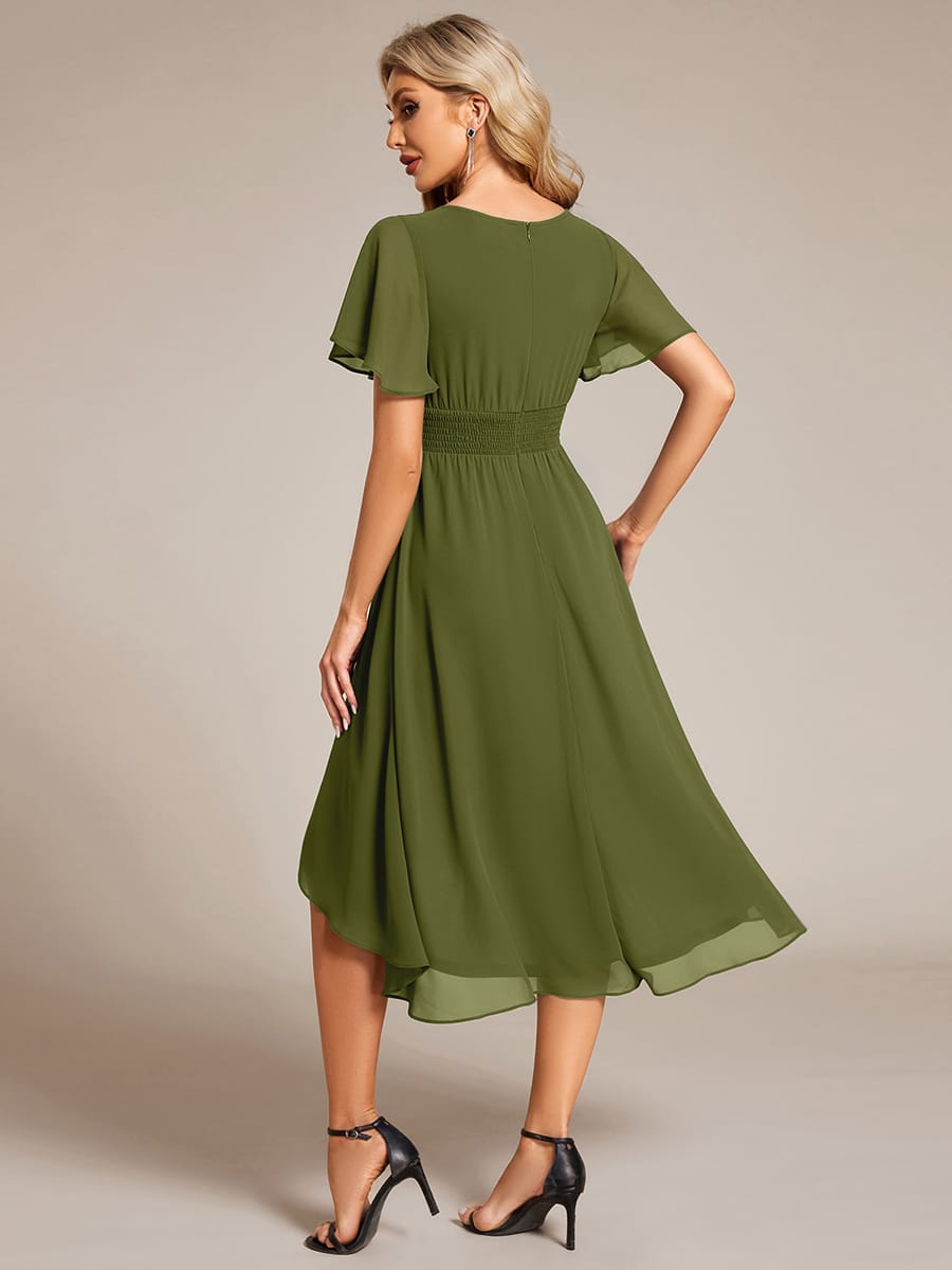 Flowy Chiffon Round Neckline A-Line Knee Length Wedding Guest Dress #color_Olive Green