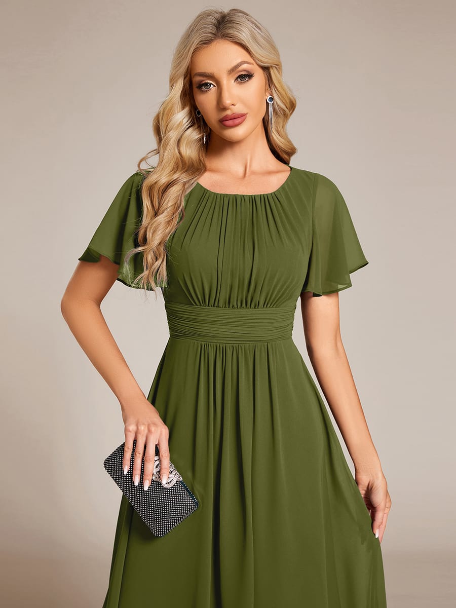 Flowy Chiffon Round Neckline A-Line Knee Length Wedding Guest Dress #color_Olive Green