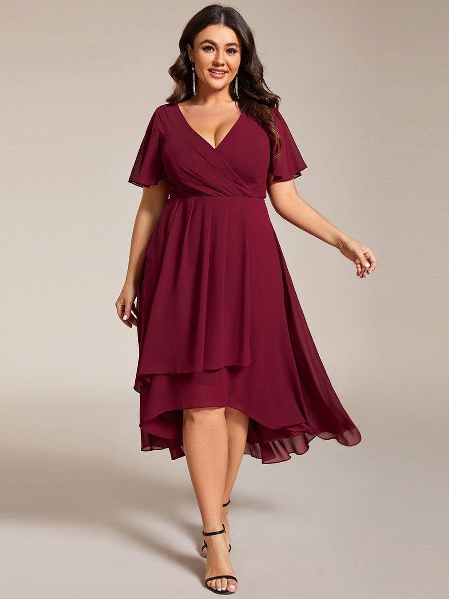 Chiffon Elegance Short Sleeve High-Low Wedding Guest Dress #color_Burgundy