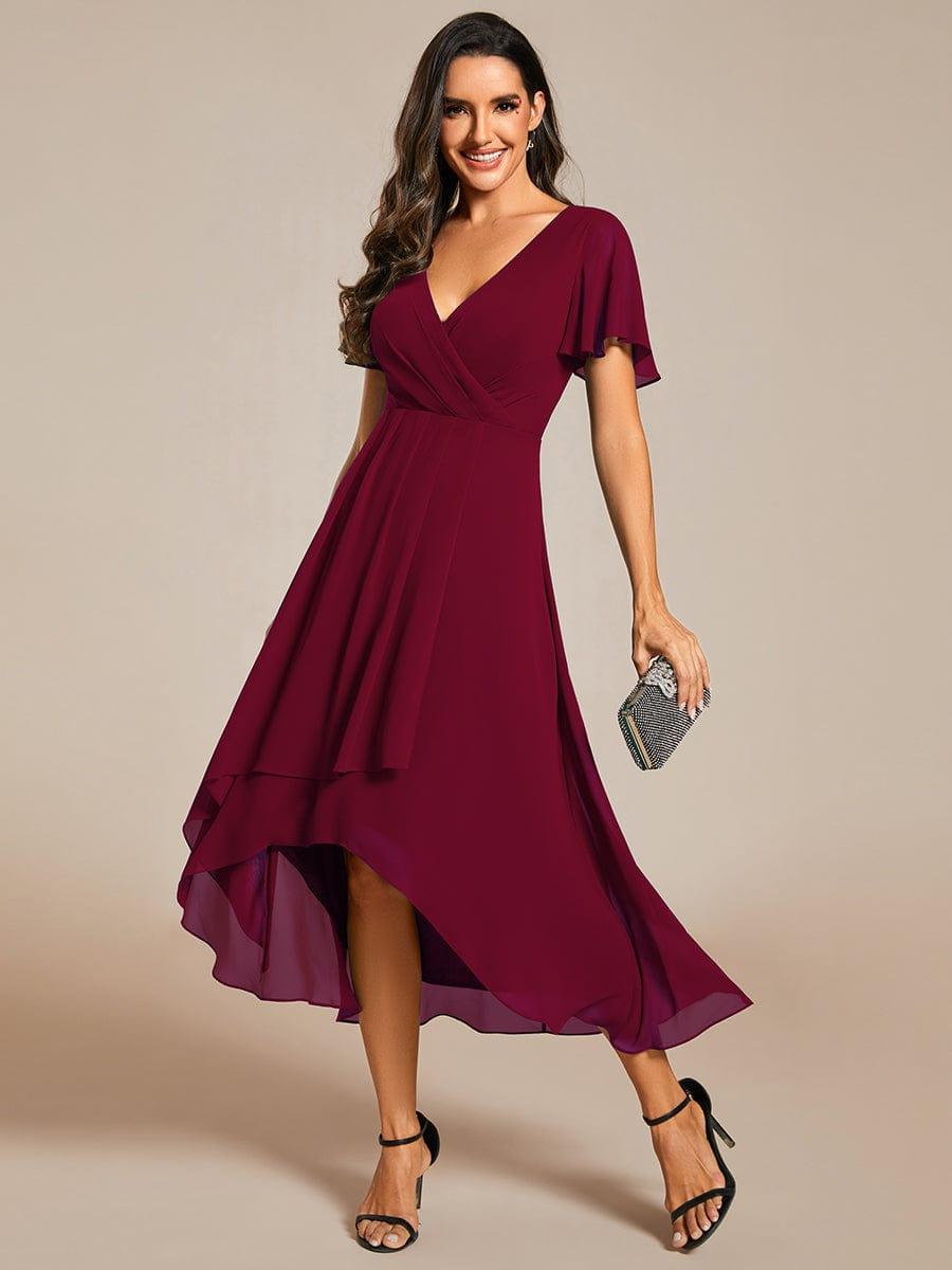 Chiffon Elegance Short Sleeve High-Low Bridesmaid Dress #color_Burgundy